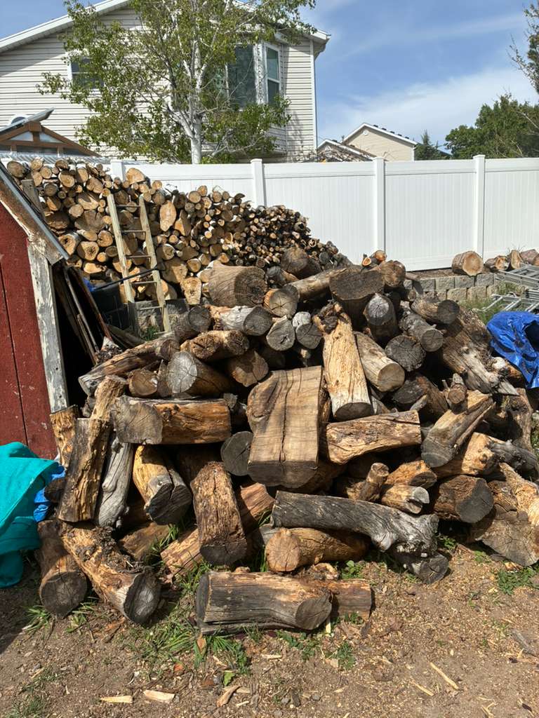 Large pile of split, seasoned hardwood firewood ready for pickup